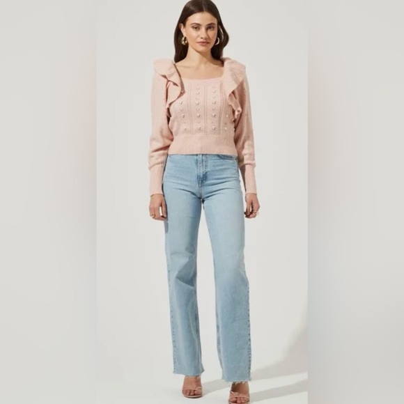 ASTR The Label Cabot Pearl Embellished Crop Ruffled Sweater In Blush Pink XL - Picture 2 of 10